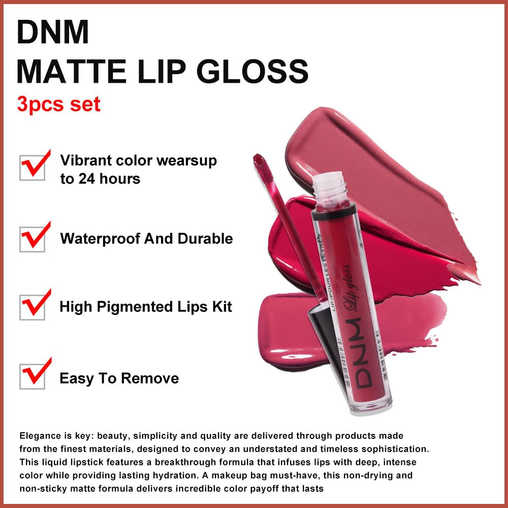evpct 3Pcs Mauve red Berry pink Rose red Matte Liquid Lipstick Sets for Women 24-hour