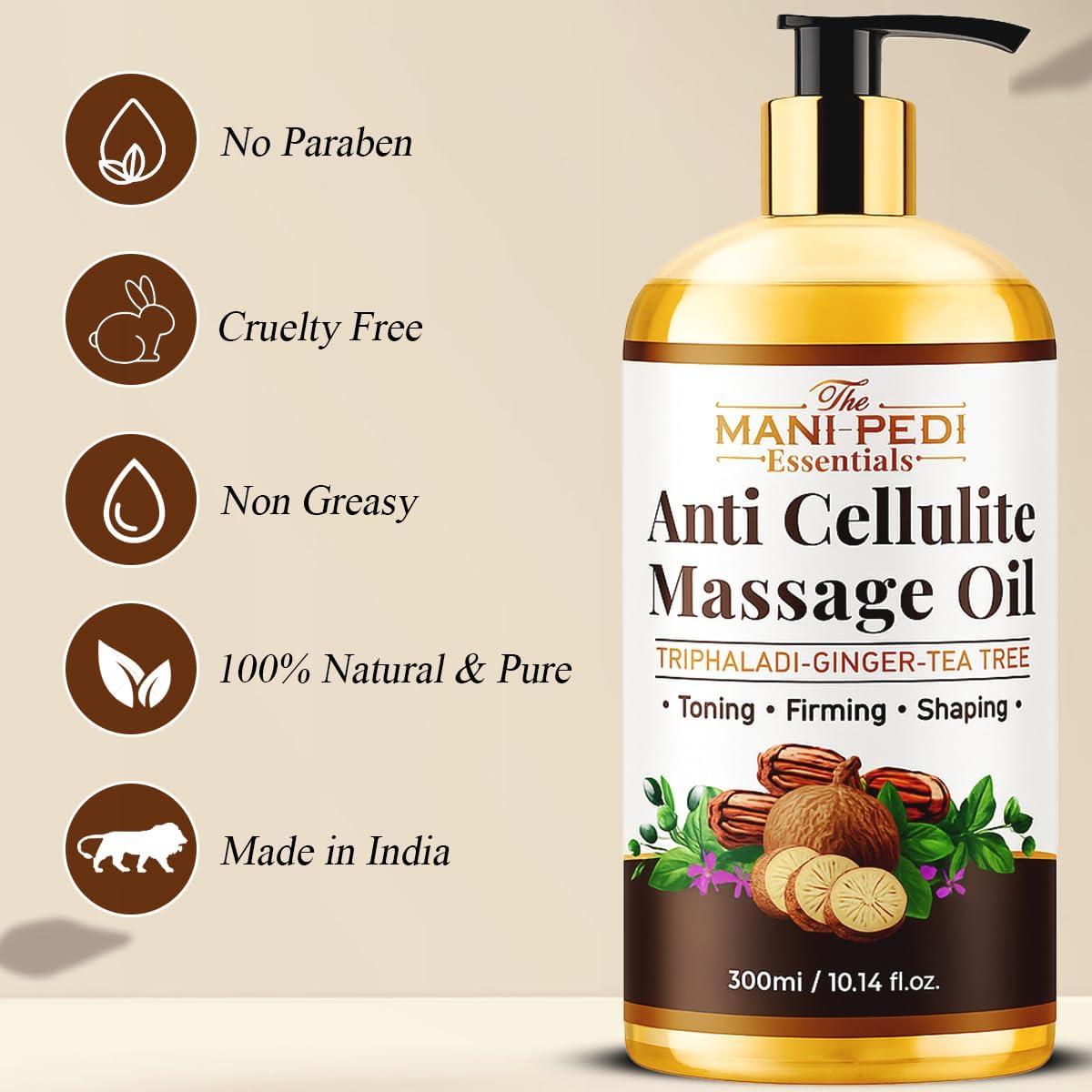 Anti Cellulite Massage Oil with Ginger Oil, Tea-Tree Oil & Natural Herbs for Toning, Firming &