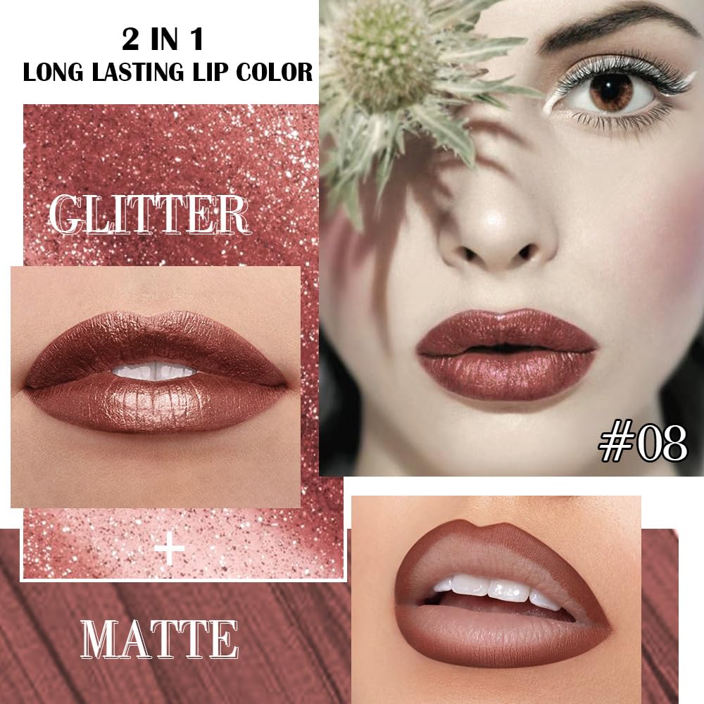 evpct Brown Bronze Metallic Glitter Lip Liner and Lipstick Combo Lip Gloss Stain Set Makeup for
