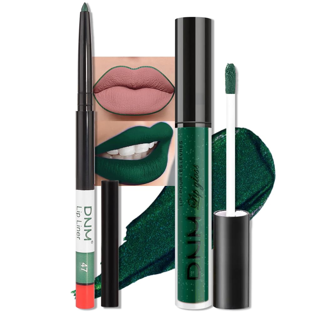evpct 2Pcs Emerald Green Shimmer Glitte Liquid Lipstick Lip Gloss Stain and Retractable Lip Liner