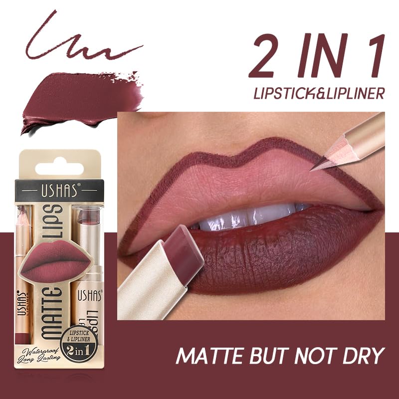 USHAS 2 in 1 Waterproof Lipstick and Lip Liner Combo Set for Women - Long Lasting Matte Pen With