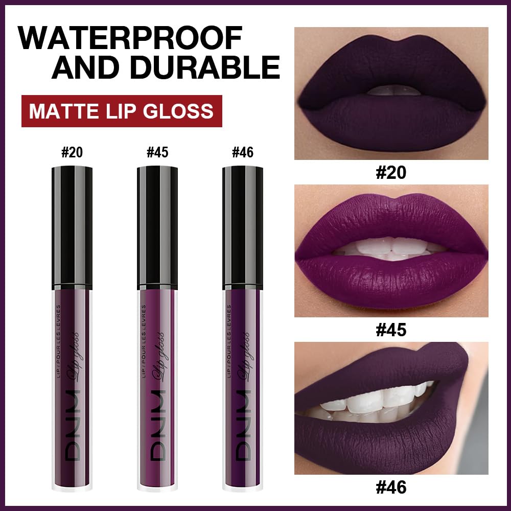 evpct 3Pcs Dark Purple Mauve Plum Maroon Matte Liquid Lipstick Lip Stain Sets for Women
