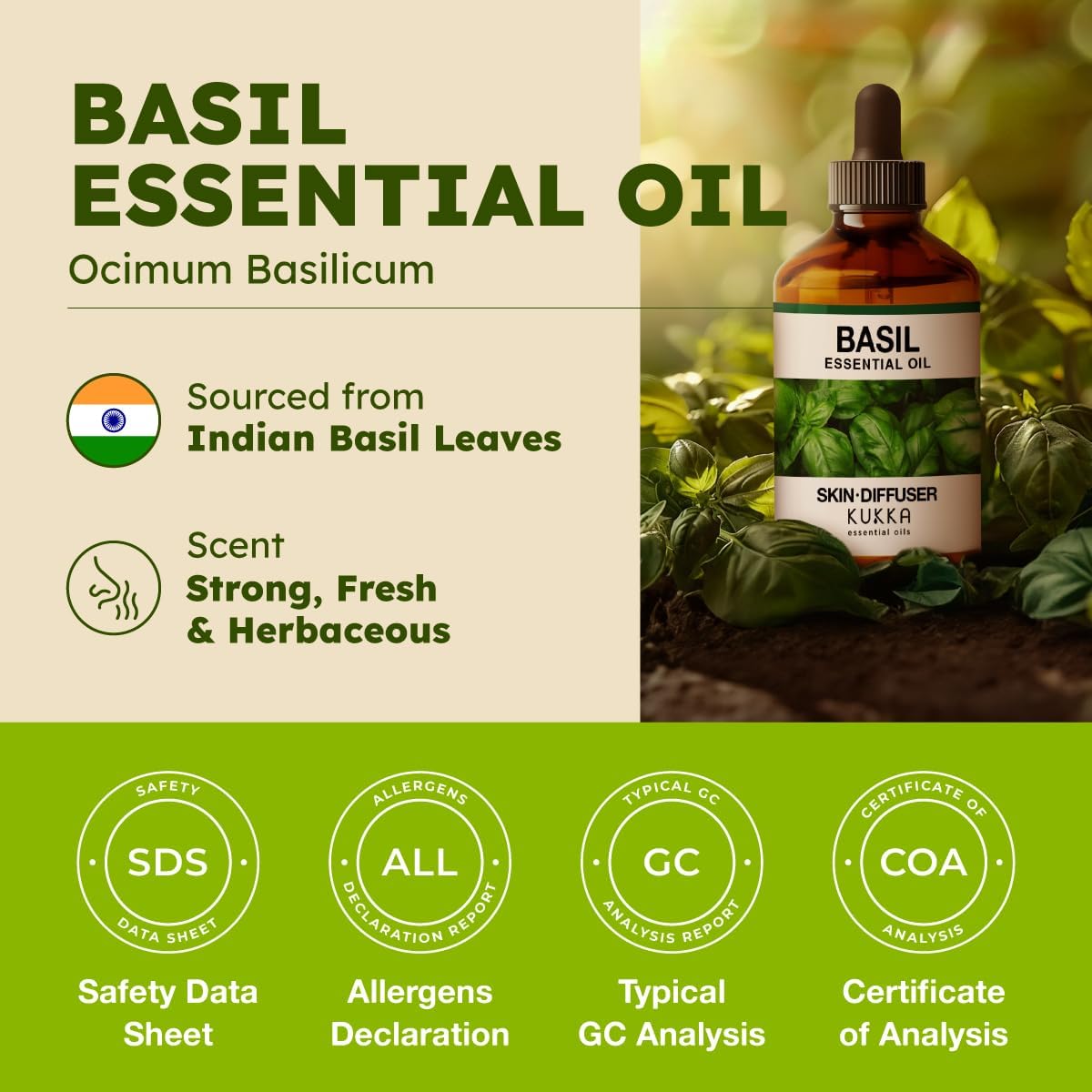 Kukka Basil Essential Oil for Diffusers - 4 Fl Oz - Basil Oil for Skin & Aromatherapy Scent Massage