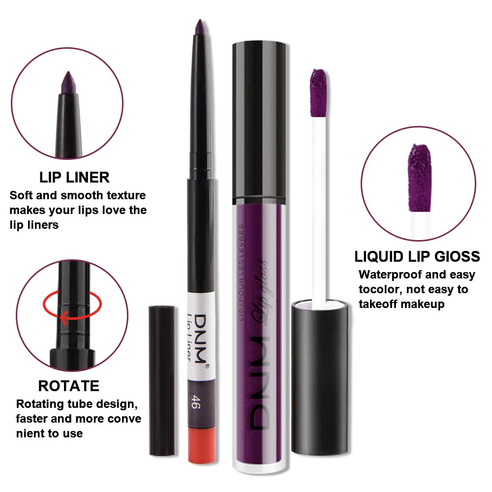 evpct 2Pcs Dark Deep Purple Matte Liquid Lipstick Lip Gloss Stain and Retractable Lip Liner Makeup