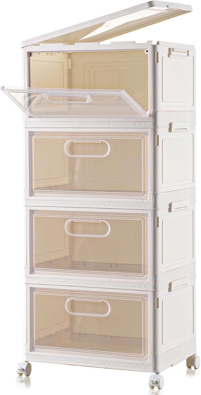 4-Tier Stackable Storage Bins with Lid, 23QT Storage Containers,Clear Foldable Plastic Drawer