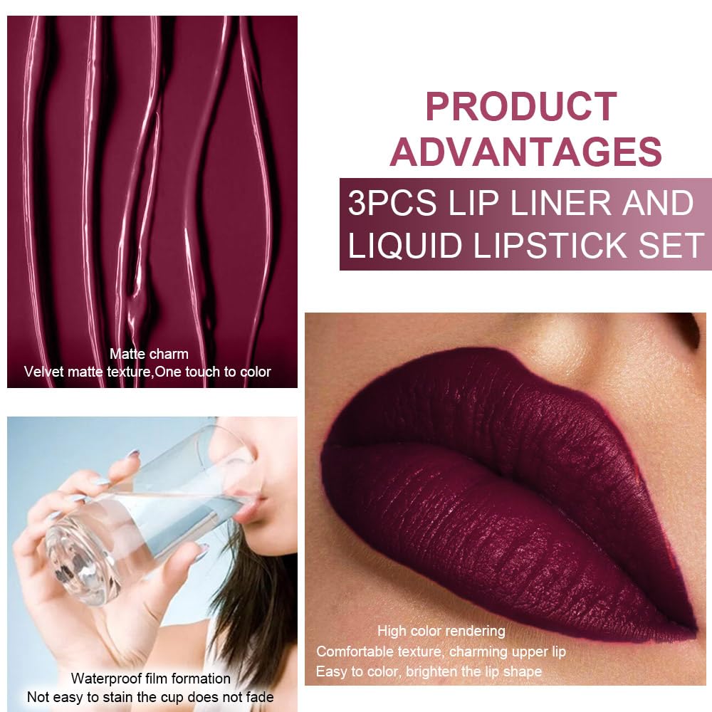 evpct 3Pcs Dark Red Purple Plum Matte Liquid Lipstick and Lip Liner Set for Women Matte Burgundy