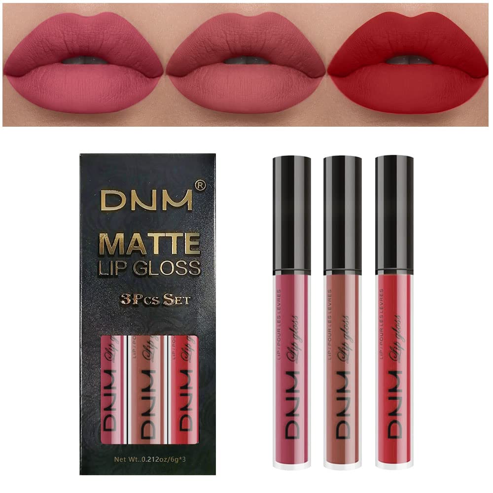 evpct 3Pcs Mauve Neutral Light Rosey Nude Blue Red Matte Liquid Lipstick Lip Stain Sets for Women