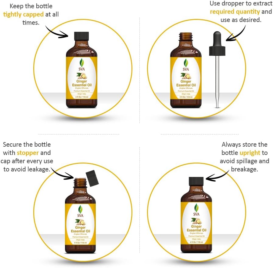 SVA Ginger Essential Oil – 4 Fl Oz – 100% Natural Ginger Oil - for Diffuser, Hair Care, Face, Skin
