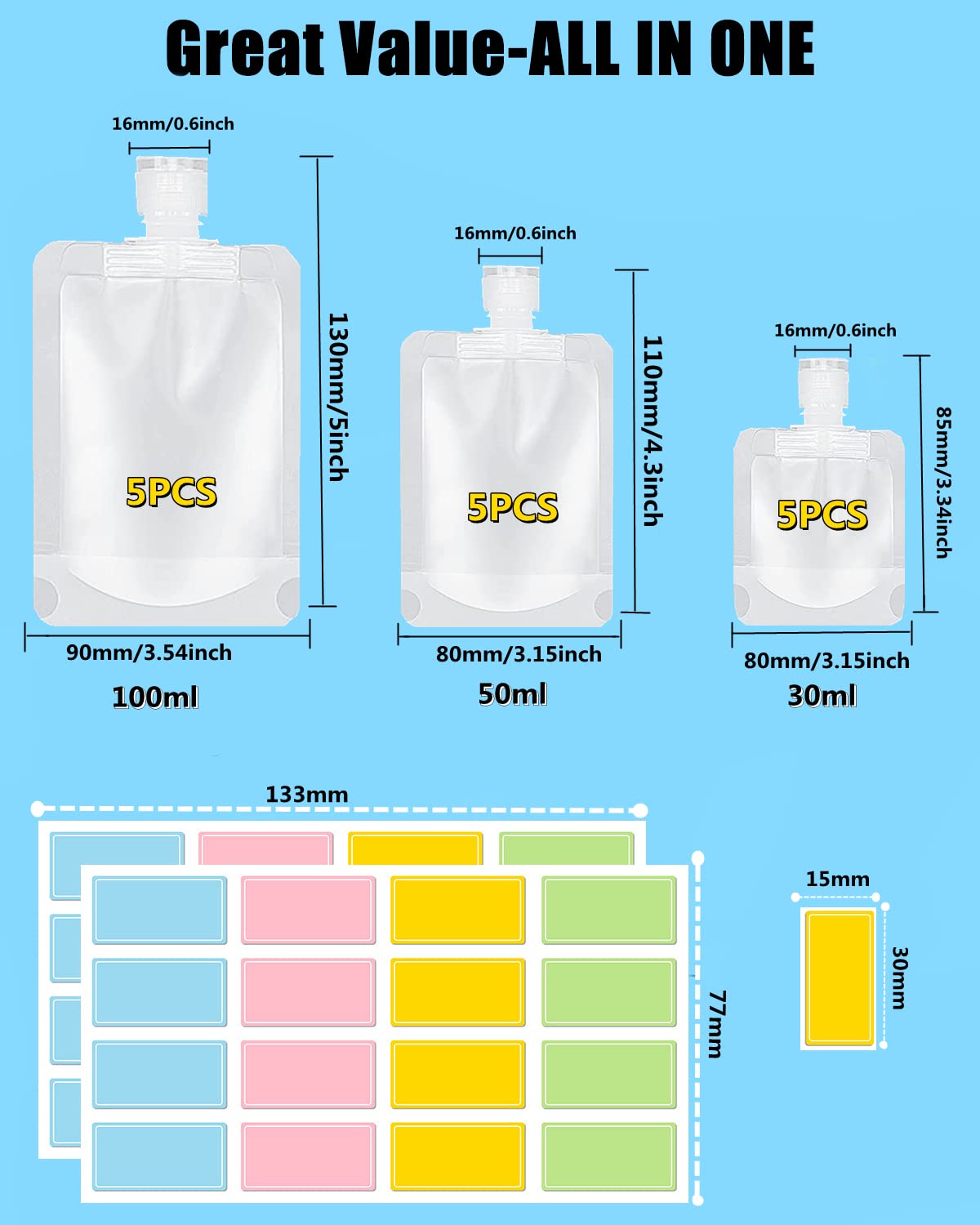 17 Pack Travel Pouches for Toiletries,TSA Approved,Travel Size Portable Containers,Stand Up
