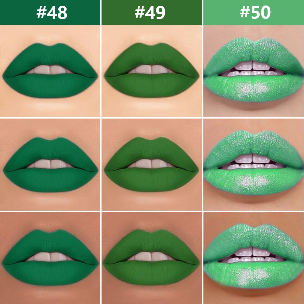evpct 3Pcs Green Matte Shimmer Lip Liner & Liquid Lipsticks Stain Makeup Set for Women, Green Lip