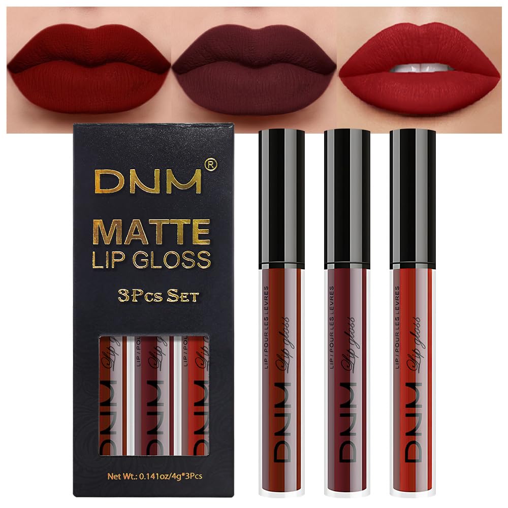 evpct 3Pcs Dark Red Deep Red Oxblood Red Matte Liquid Lipstick Lip Stain Sets for Women