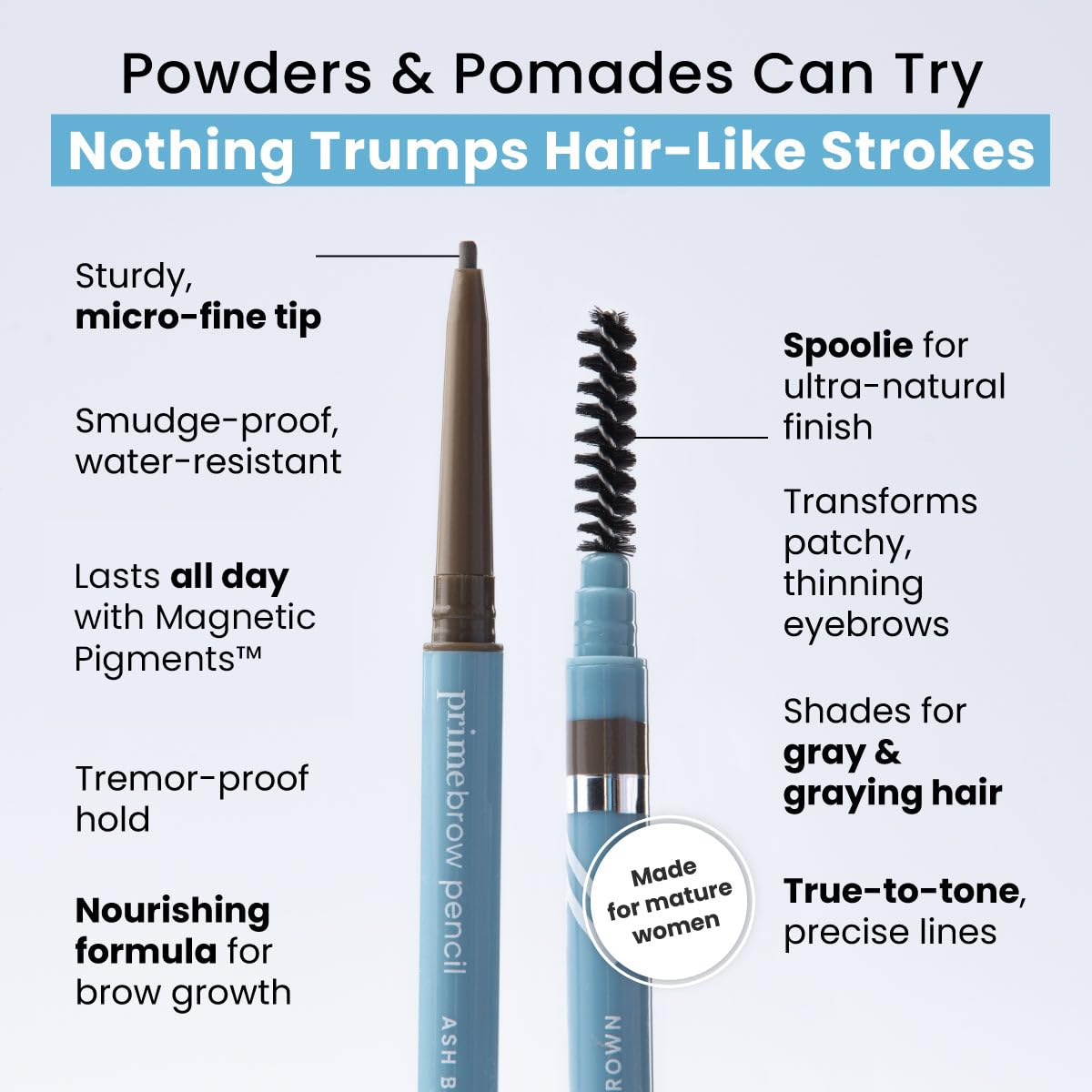 PrimeBrow Pencil for Mature Women – Ultra-Precise Tip for Natural, Hair-Like Strokes – Smudge-Proof