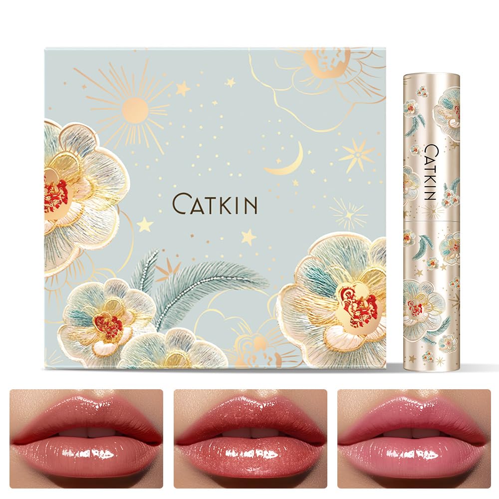 CATKIN Glossy Lip Balm 3pcs Gift Set, Ultra Hydating Glow Lip Tinted Jelly Plump Melting Balm Shea