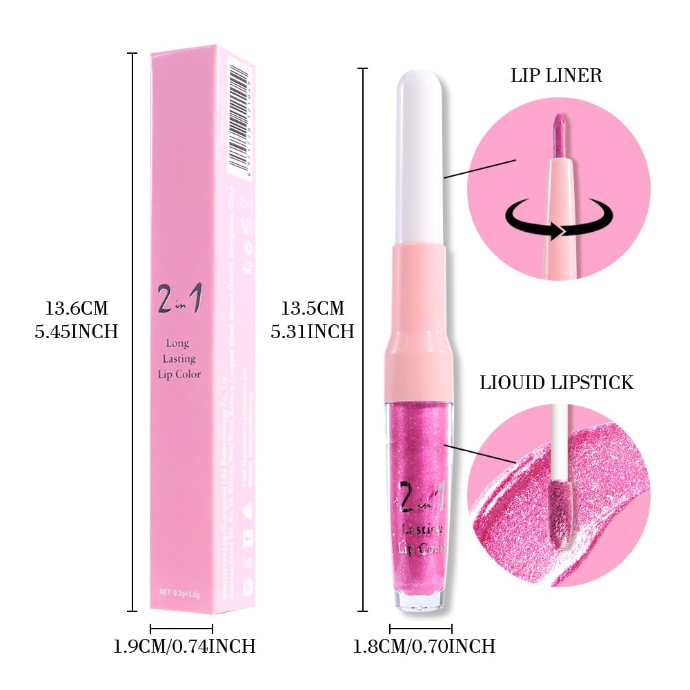 evpct Hot Pink Metallic Glitter Lip Liner and Lipstick Combo Lip Gloss Stain Set Makeup for Women