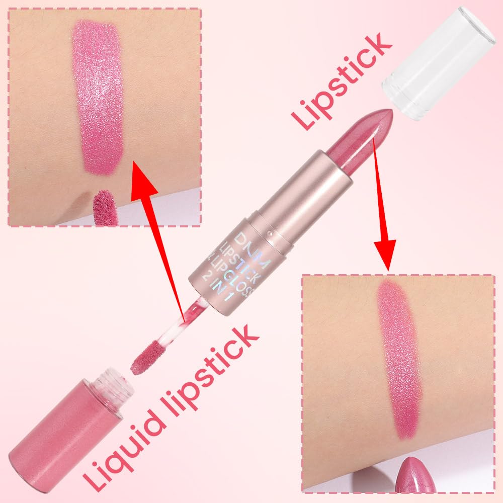 evpct 2 in 1 Rose Pink Glitter Metallic Shimmer Diamond Lipstick and Lip Gloss Set for Women Long