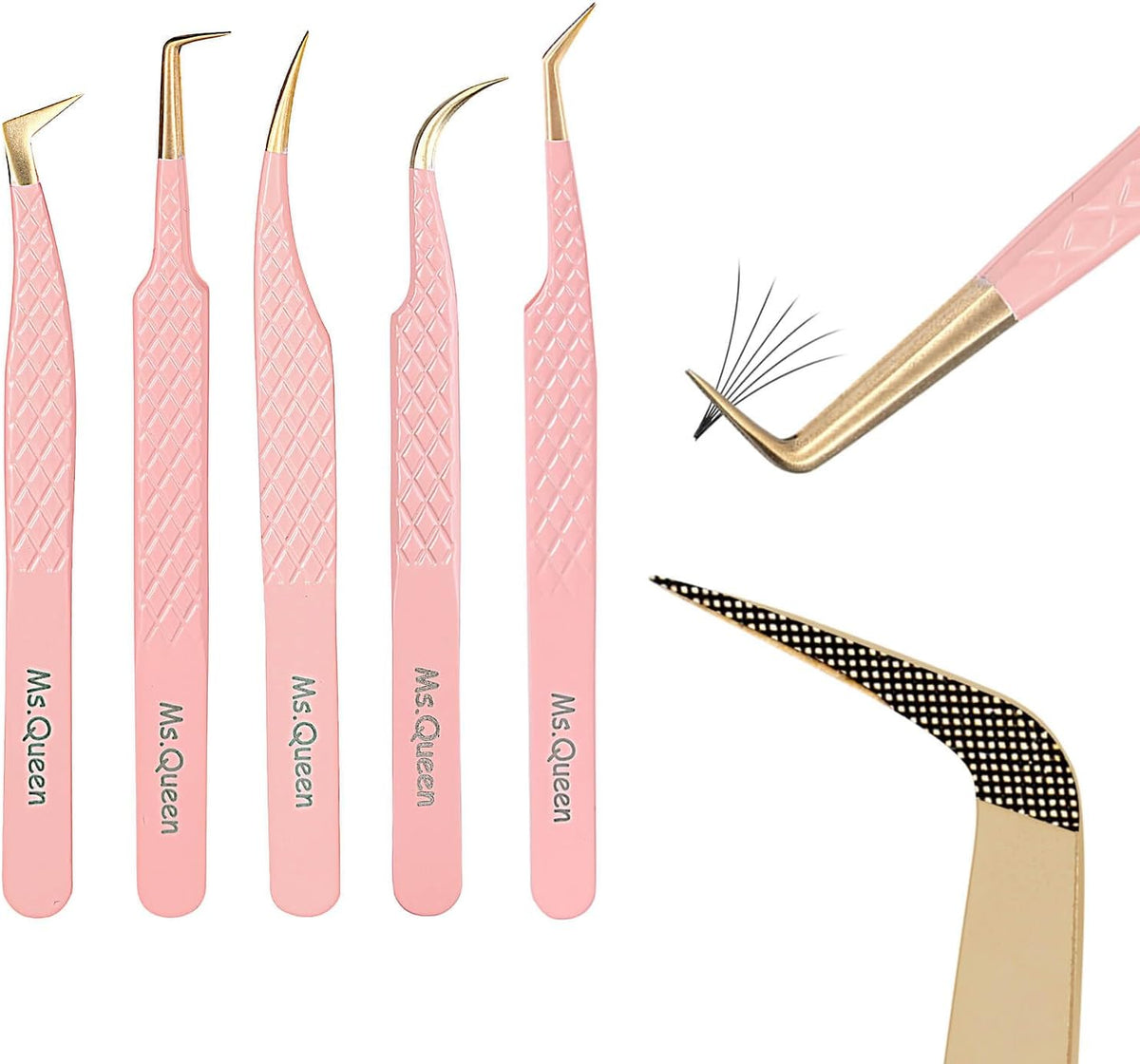 Ms.Queen Eyelash Extension Tweezers Set,Fiber Tip Volume Tweezers Curved 45 90 Degree Angled Tip