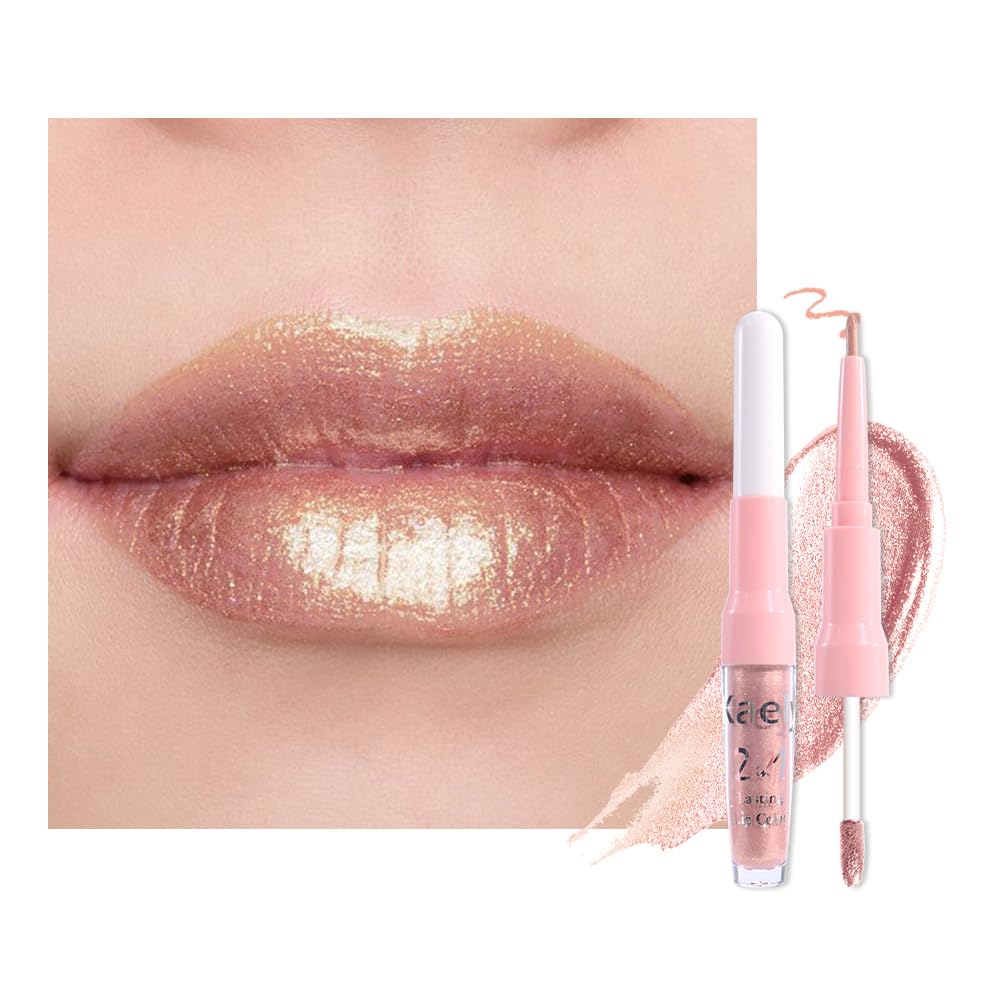 evpct Champagne Gold Metallic Glitter Lip Liner and Lipstick Combo Lip Gloss Stain Set Makeup for