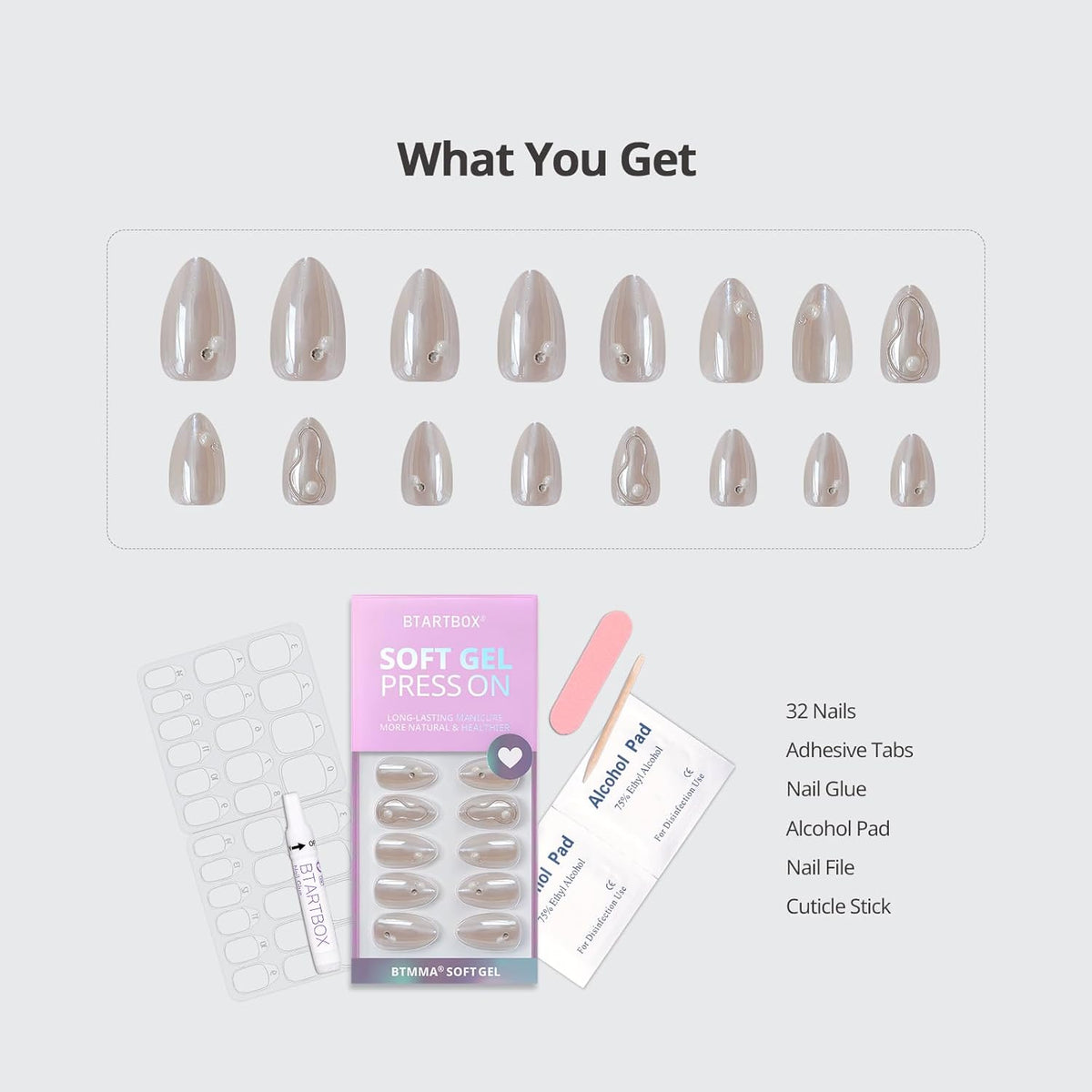 BTArtbox Press On Nails Short - Pearl Accents Chrome Almond Press On Nails with Glue for Women