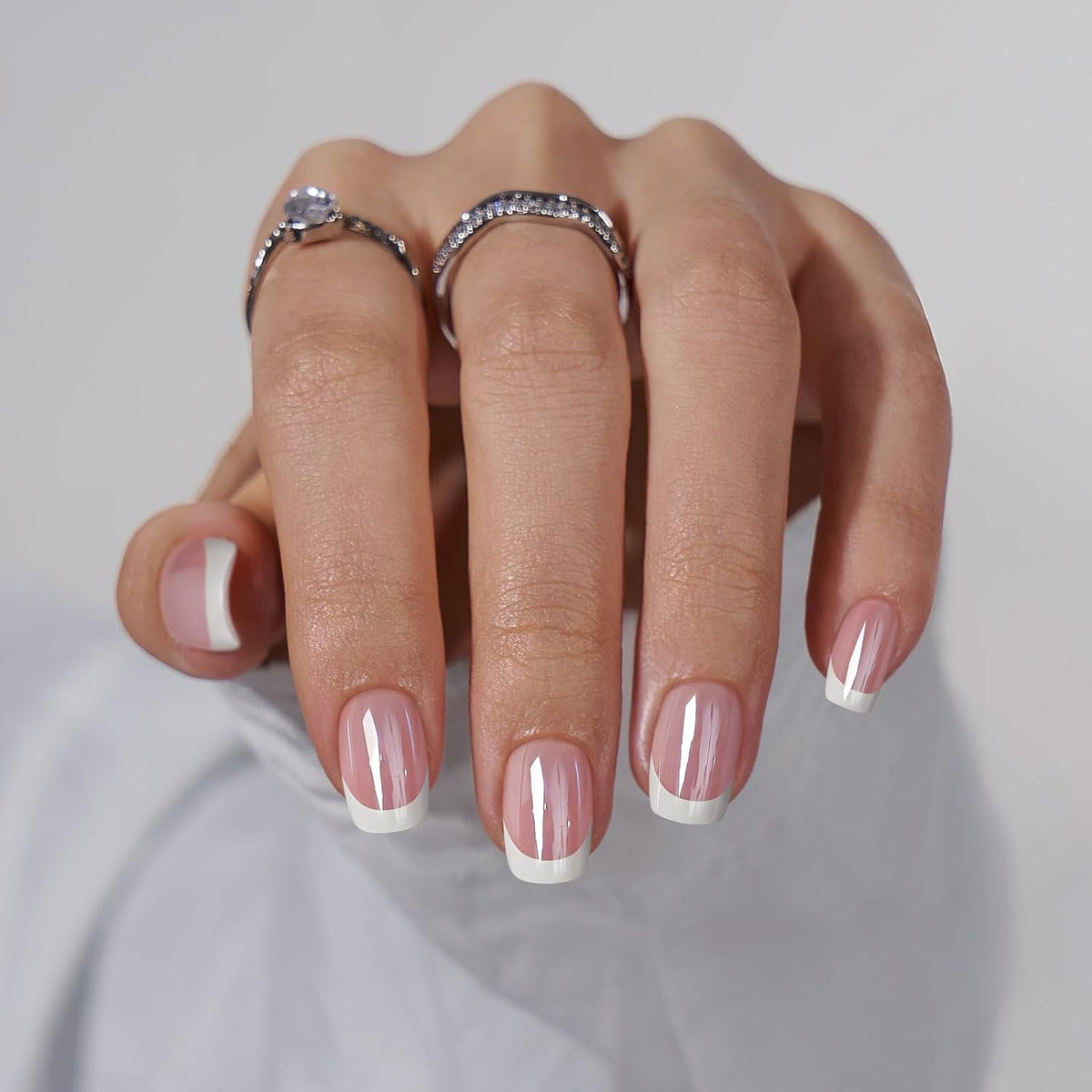 BTArtbox Press on Nails Short - White French Tip Press On Nails Square, Chrome Glazed Glue On