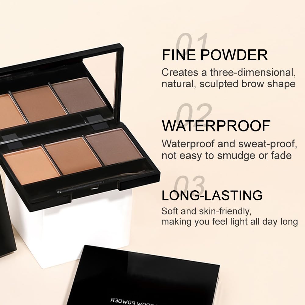 Brow Powder Kit – Long-Lasting 3-Color Brow Filler for Full, Defined Natural Brows, Contour Palette