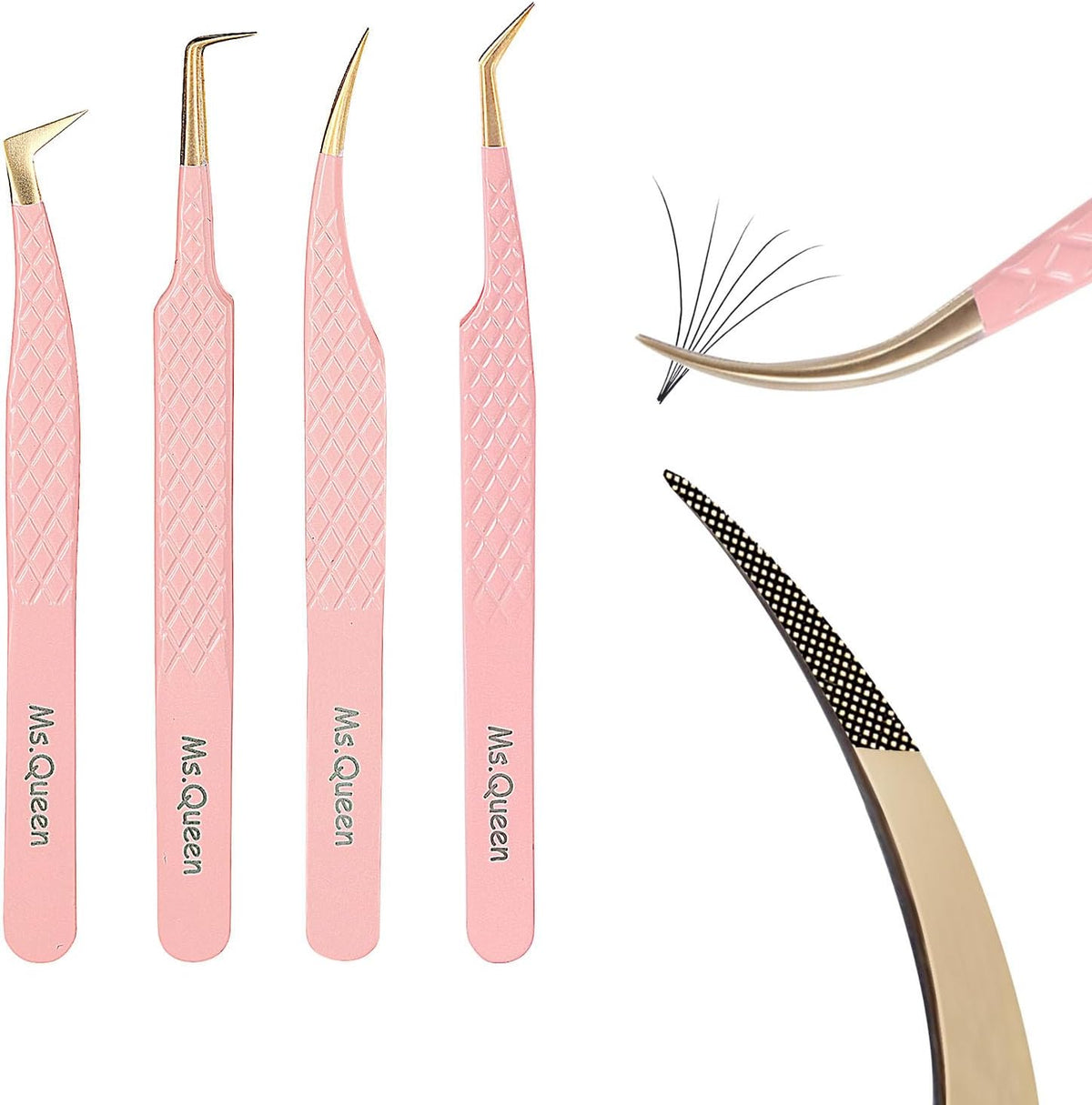 Ms.Queen Lash Tweezers for Eyelash Extensions,Precision 4Pcs Fiber Tip Grip 45 90 Degree L-Shaped