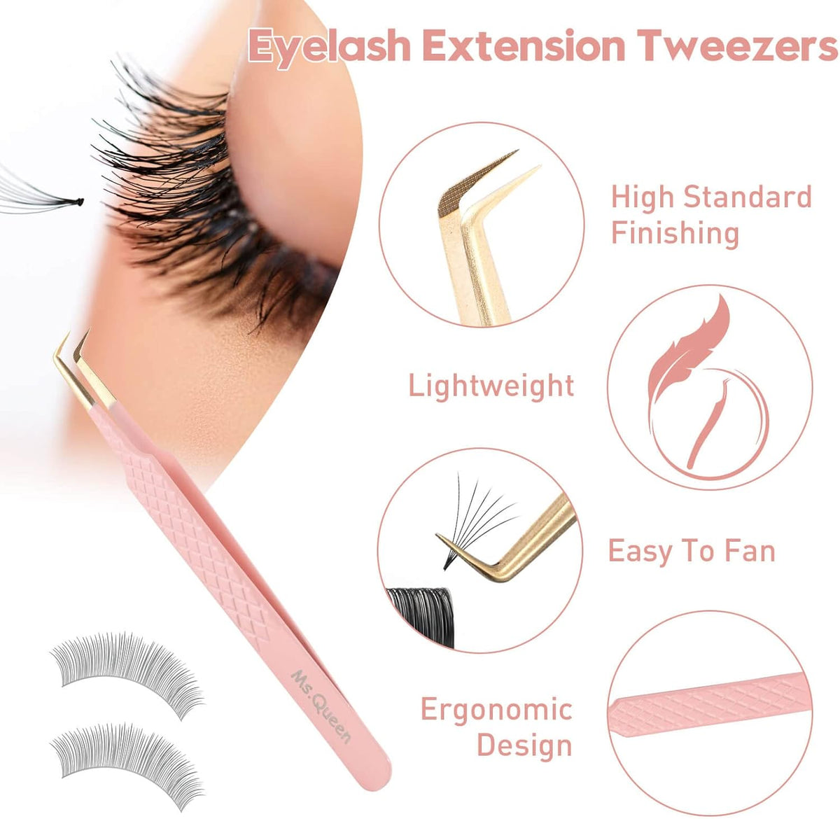 Ms.Queen 90 Degree Lash Tweezers for Eyelash Extensions, Precision Fiber Tip Grip Mega Volume Lash