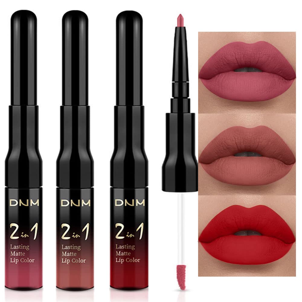 evpct 3Pcs Mauve Neutral Light Rosey Nude Blue Red Matte Liquid Lipstick and Lip Liner Stain Sets