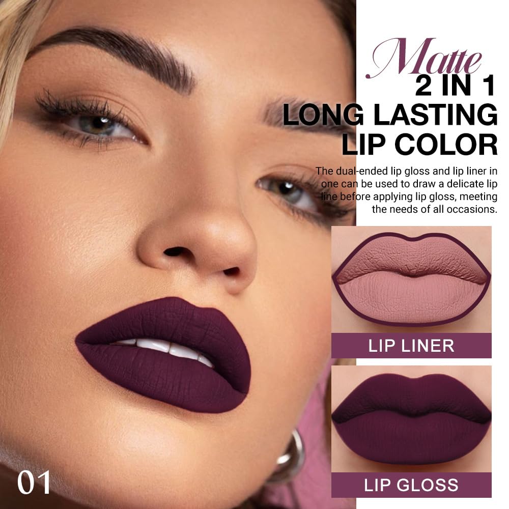 evpct 1Pcs Dark Purple Plum Matte Lip Liner and Liquid Lipstick Stain Makeup Set for women, Purple