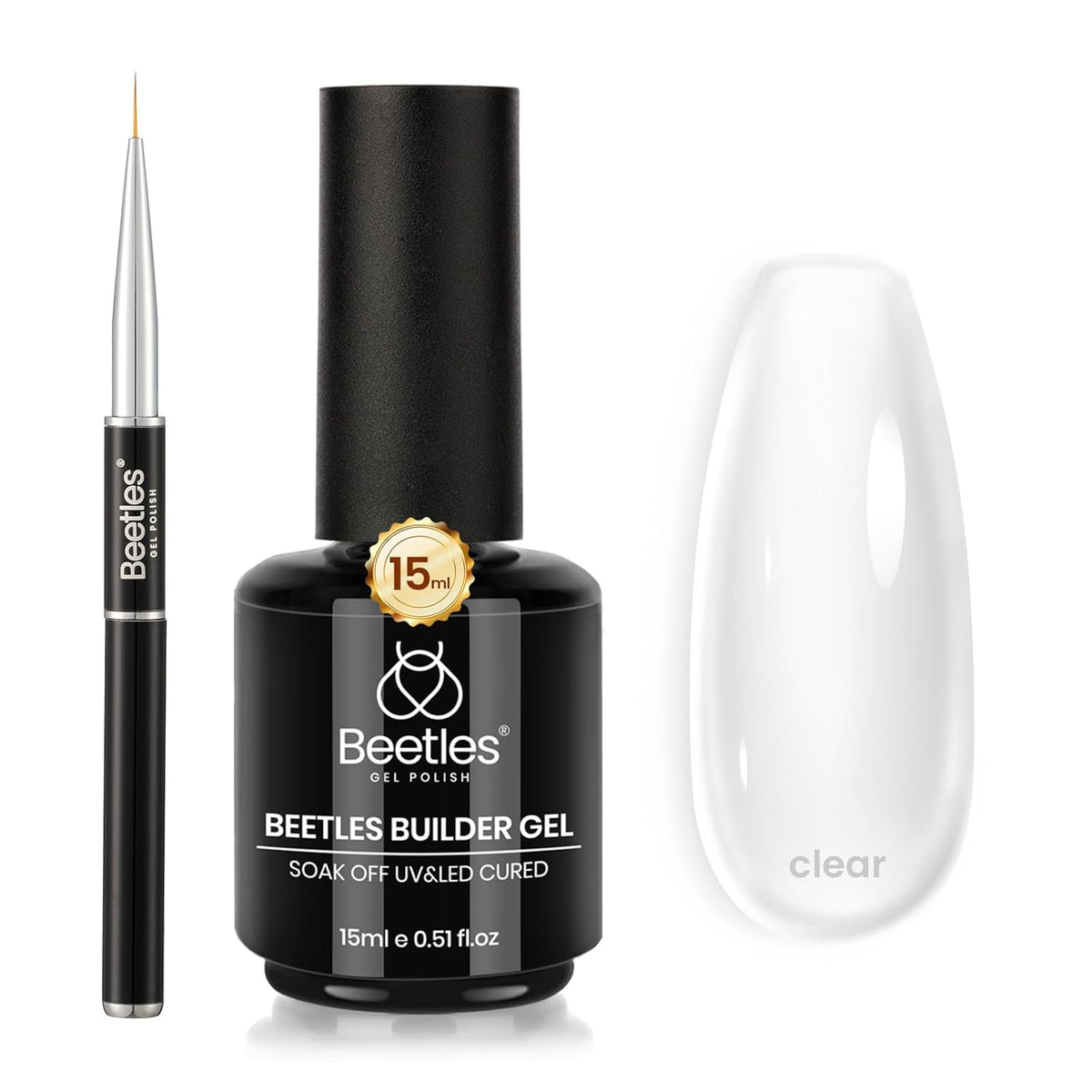 Beetles Builder Gel for Nails Low Heat, 0.5 oz 7 in 1 Clear Strengthener Gel with Liner Nail Brush