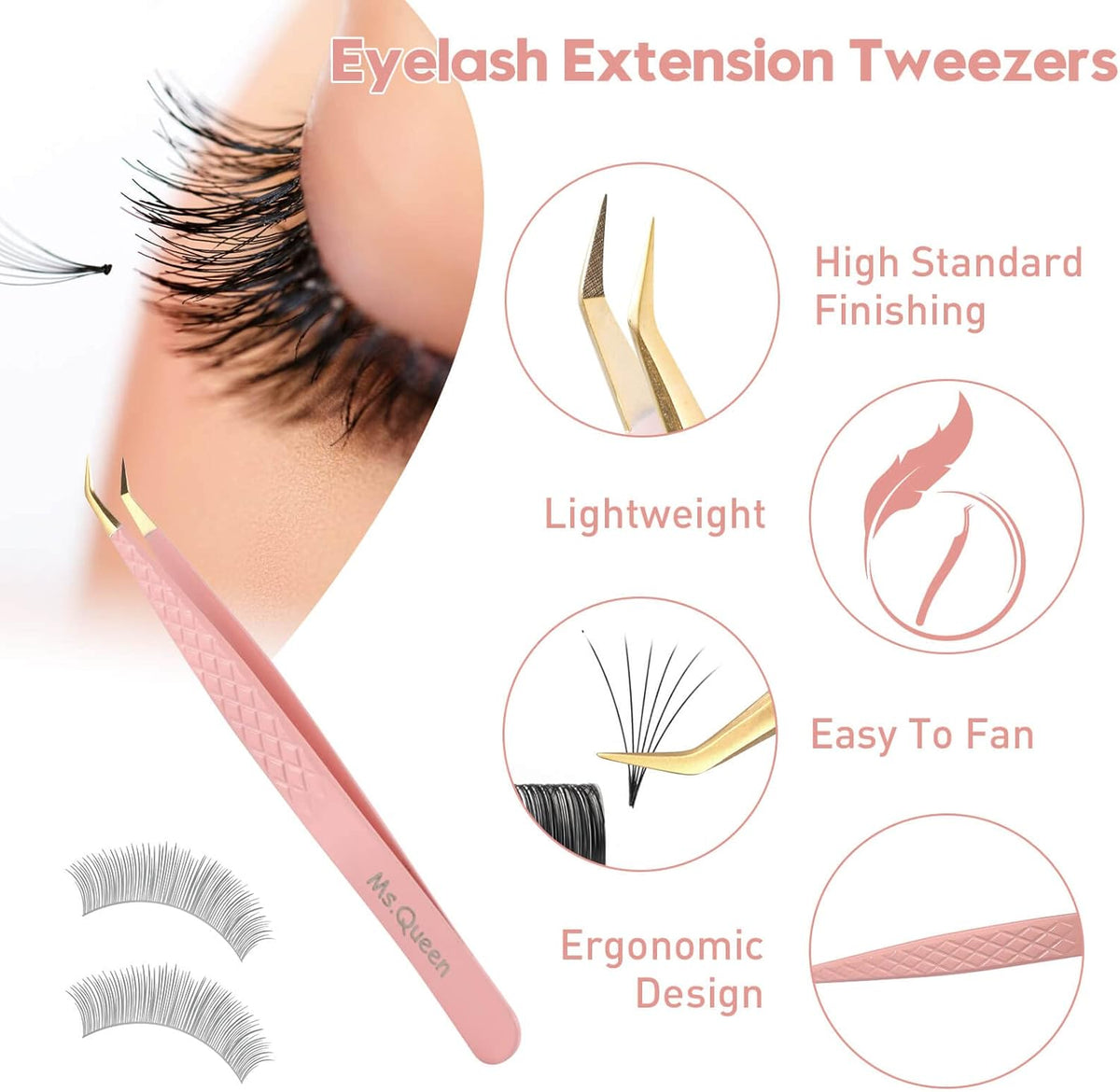 Ms.Queen Lash Tweezers for Eyelash Extensions, Professional Curved Tip Lashing Tweezers for