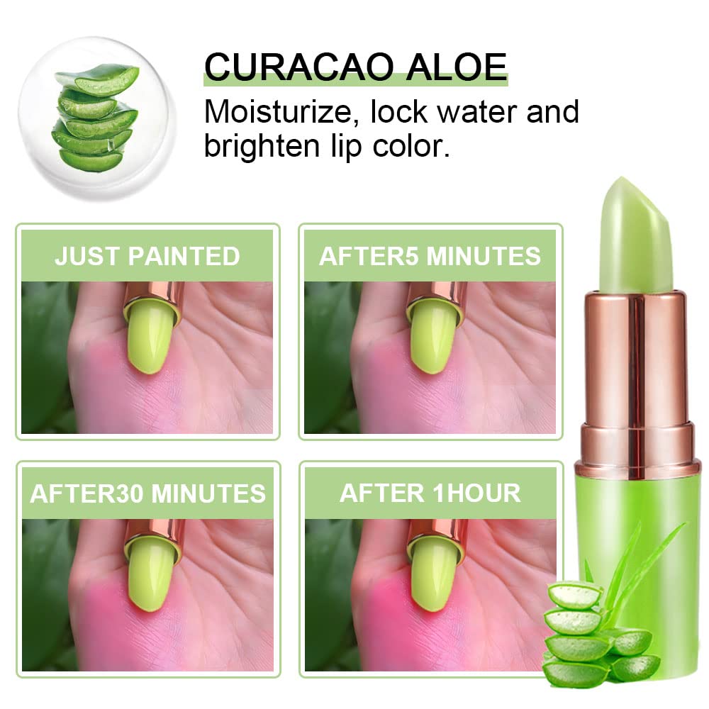 2Pcs Aloe Vera Lip Color Changing Lipstick Lip Balm Set, Green Magic PH Lipstick Color Change