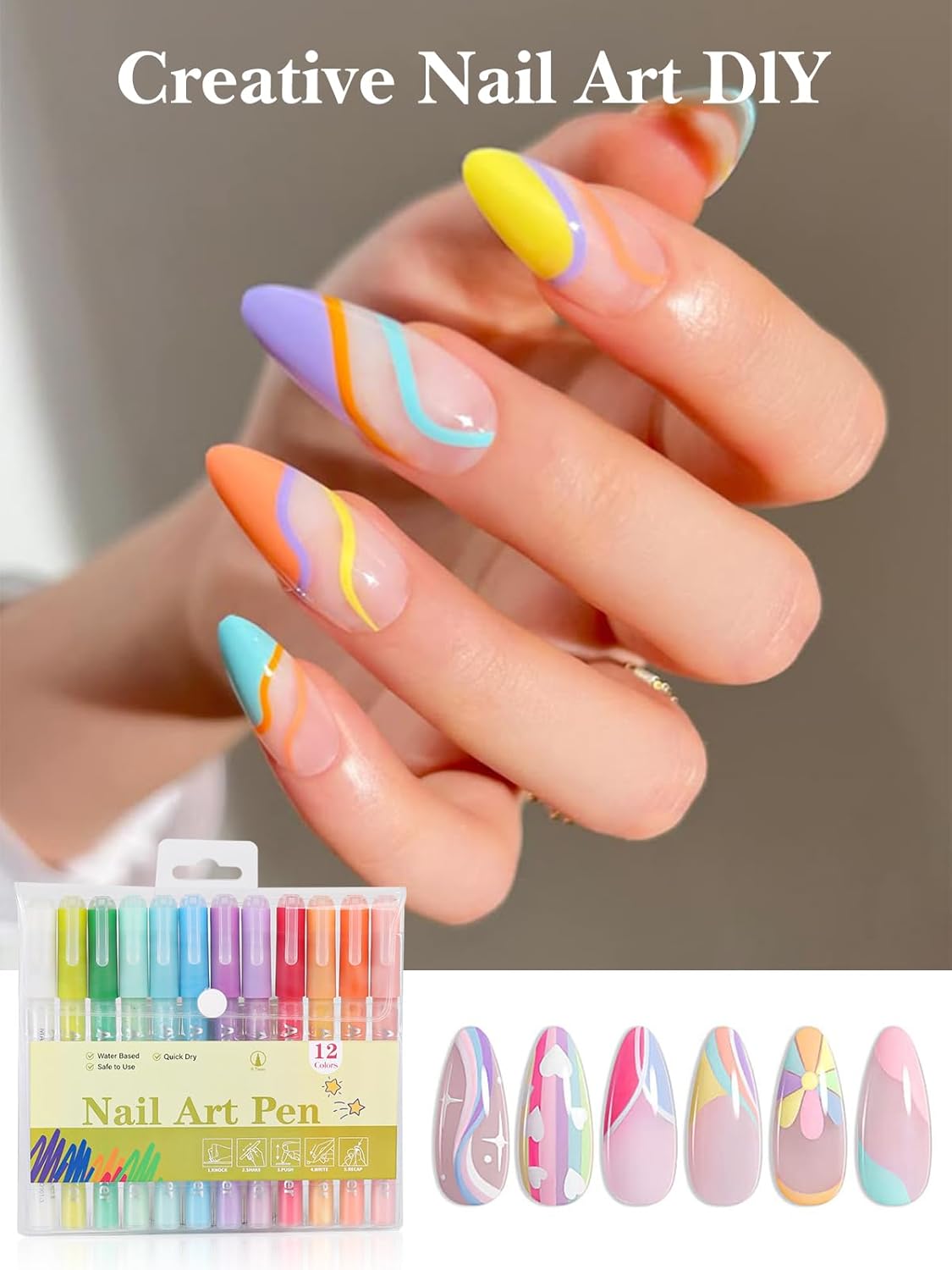 EBANKU 12 Colors Nail Art Pens Acrylic Paint Marker, Nail Polish Pens Quick Drying 0.7MM 3D Acrylic