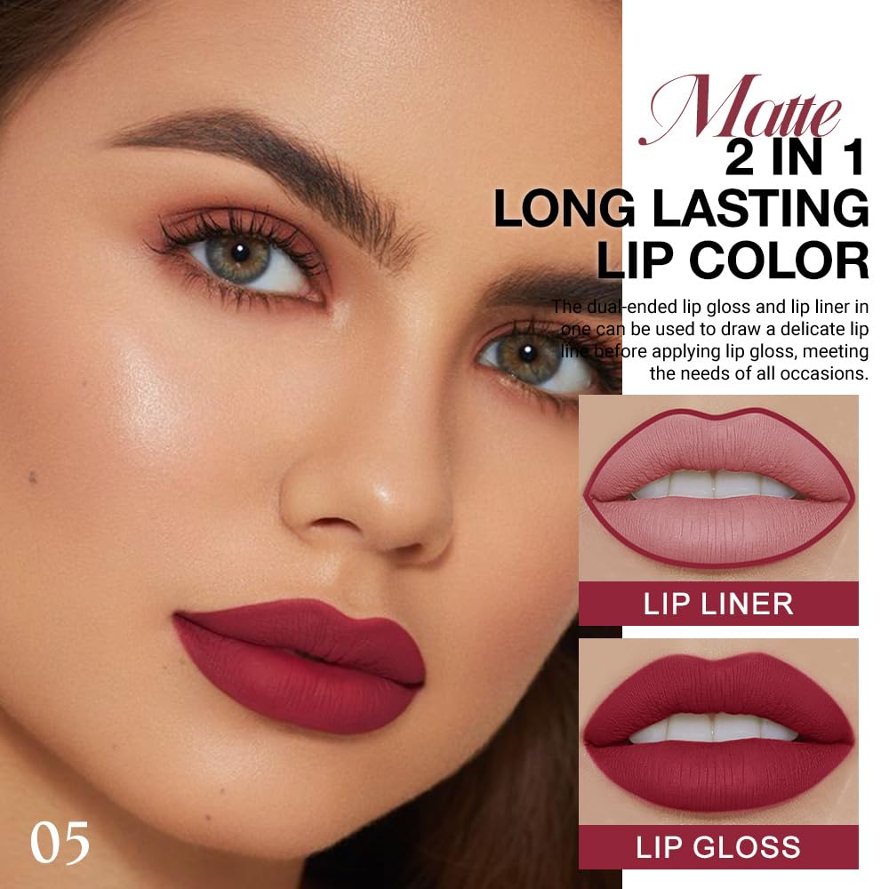 evpct 1Pcs Cherry Frost Red Matte Lip Liner and Liquid Lipstick Stain Makeup Set for women, Red