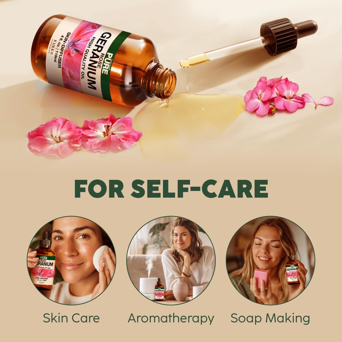 Kukka Rose Geranium Essential Oil for Skin - 4 Fl Oz - Geranium Oil for Diffuser & Aromatherapy