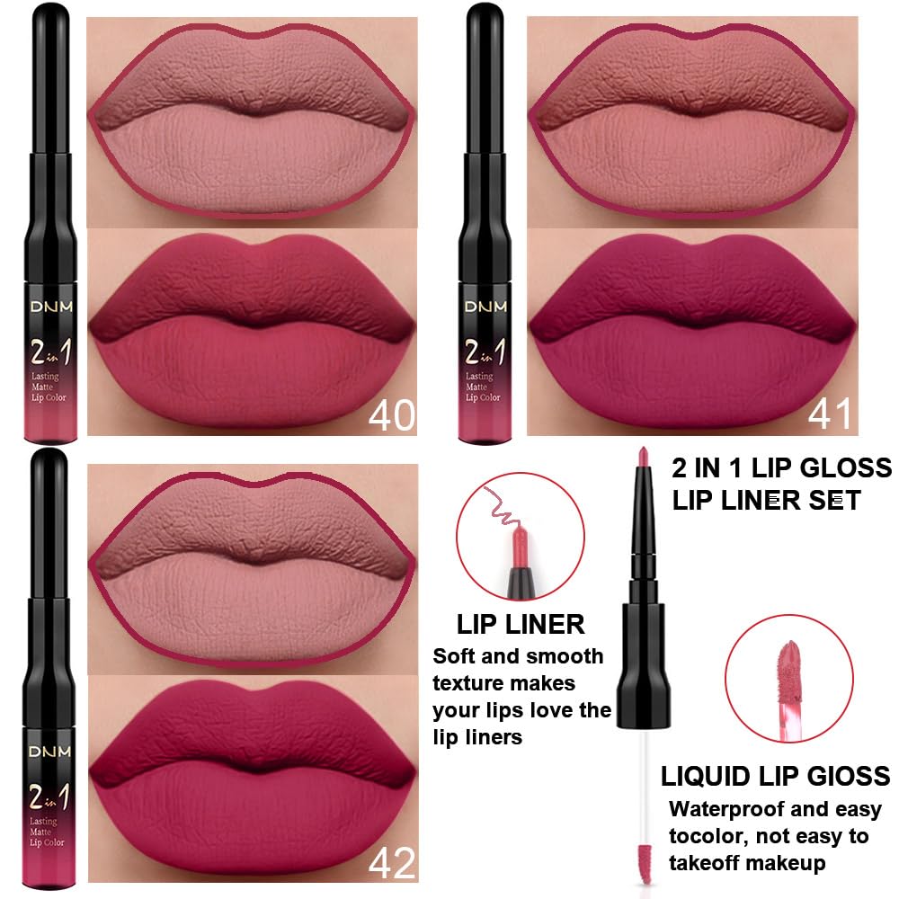 evpct 3Pcs Mauve pink Berry pink Rose red Lip Stain Paint Matte Lip Liner and Lipstick Set Long