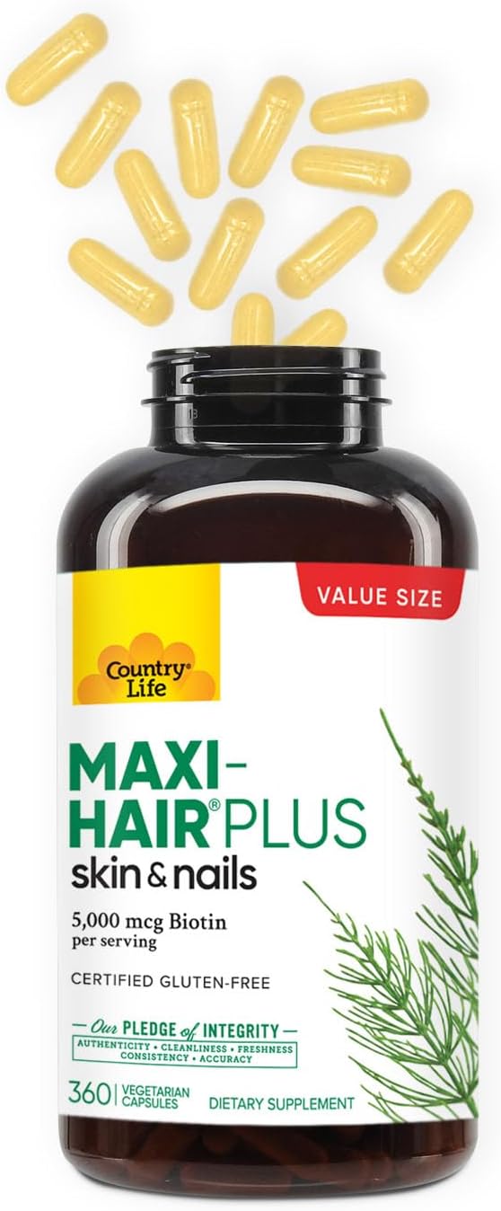 Country Life Maxi-Hair Plus 5000 mcg Biotin, 360 Capsules, Certified Gluten Free, Certified