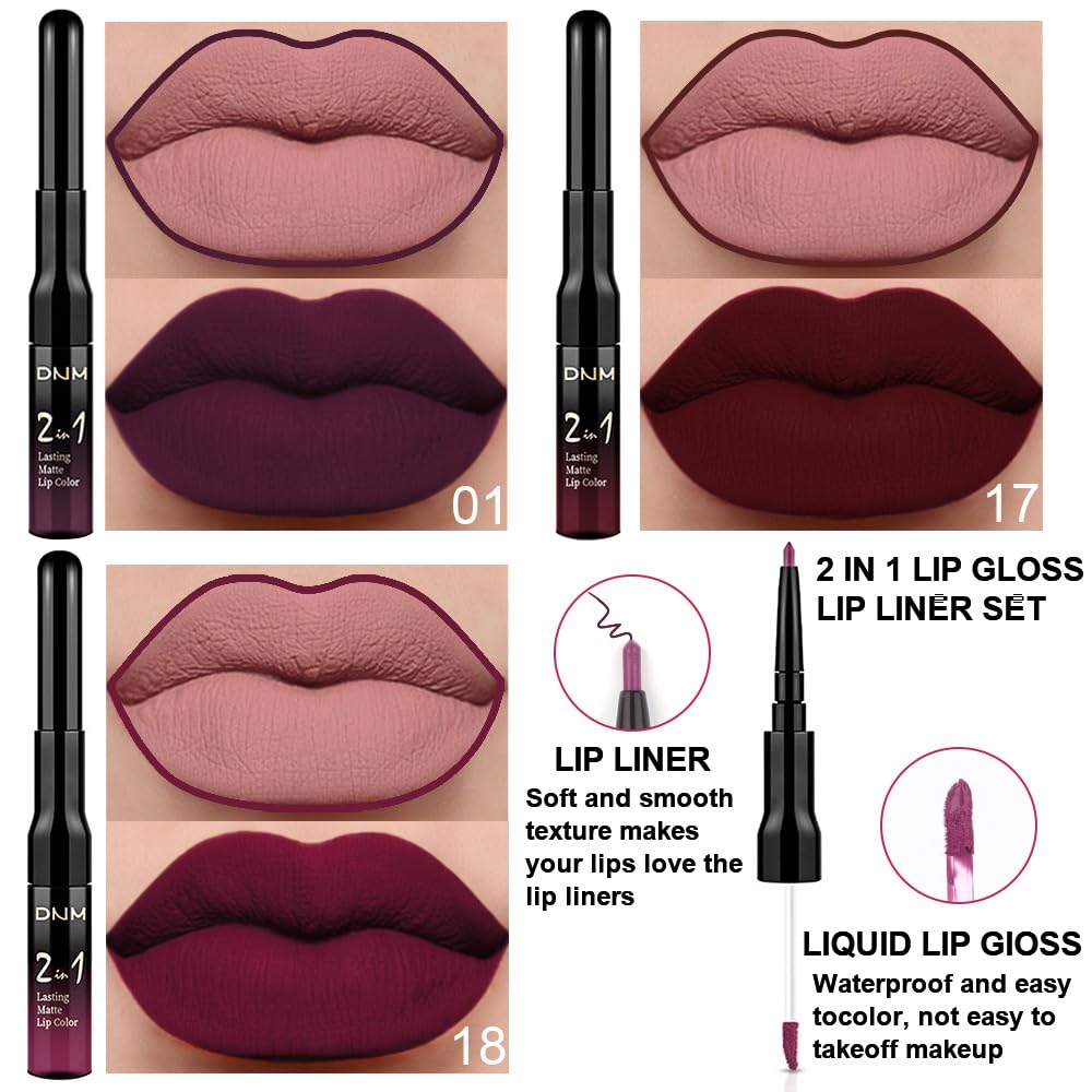 evpct 3Pcs Dark Red Purple Plum Matte Liquid Lipstick and Lip Liner Set for Women Matte Burgundy