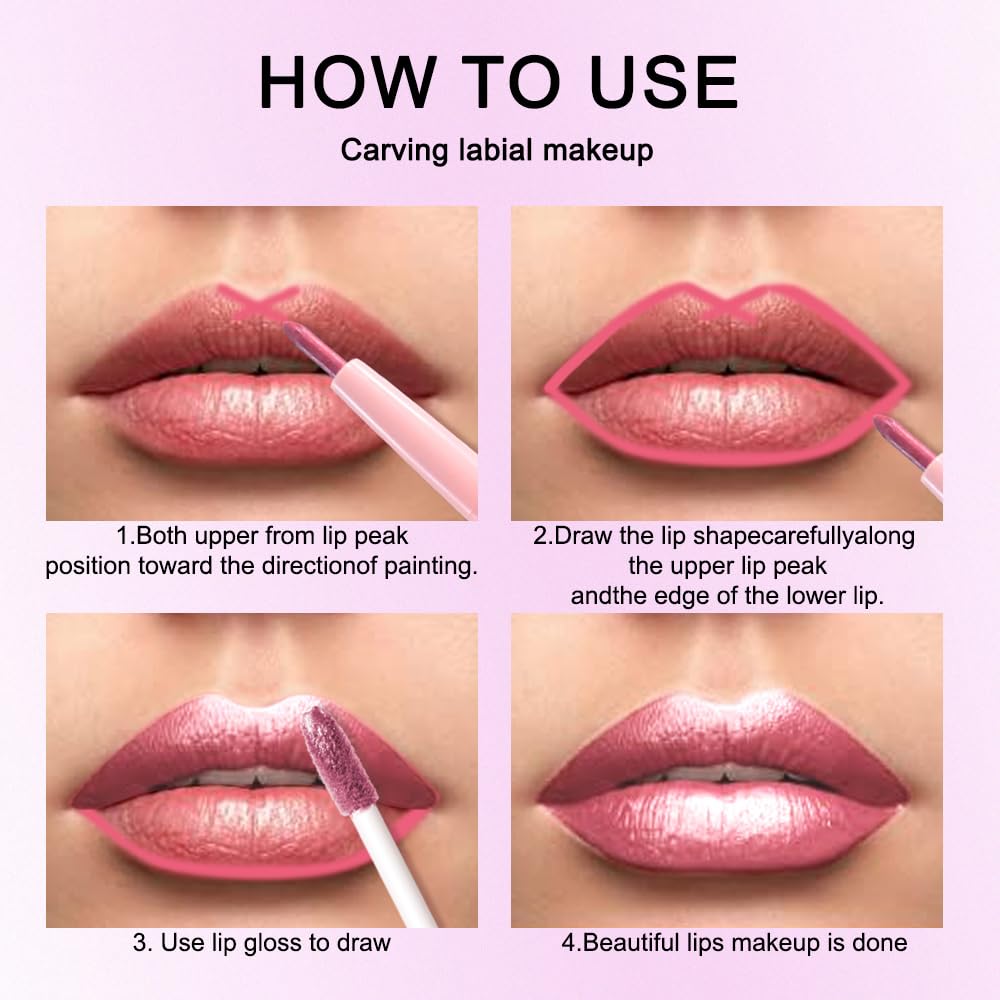 evpct Warm Pink Metallic Glitter Lip Liner and Lipstick Combo Lip Gloss Stain Set Makeup for Women