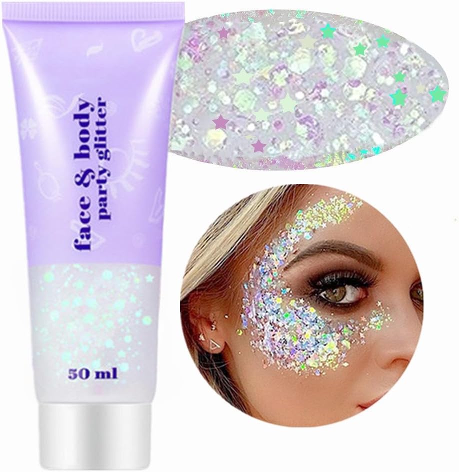 Go Ho Clear White Face Body Glitter - Party Flash Festival Rave Outfits for Women&Kids,Holographic