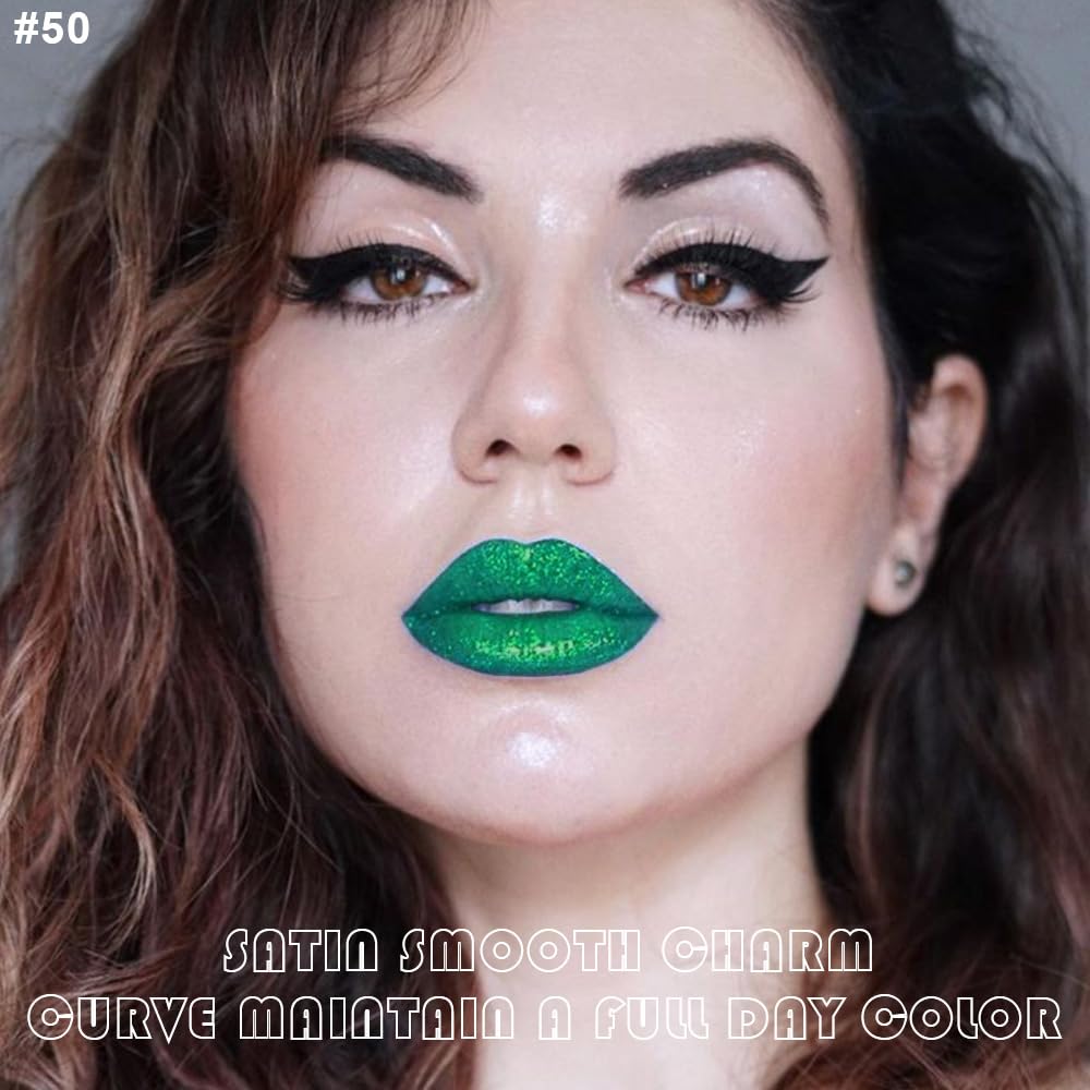 evpct 2Pcs Green Shimmer Glitter Shiny Liquid Lipstick Lip Gloss Stain and Retractable Lip Liner