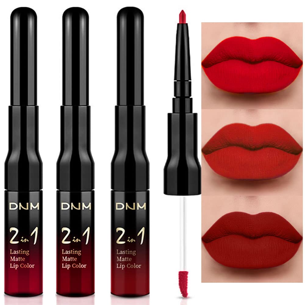 evpct 3Pcs Ruby Bright Dark Red Lip Stain Paint Matte Lip Liner and Liquid Lipstick Set for Women