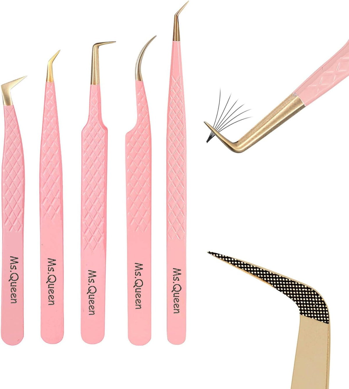 Ms.Queen Lash Tweezers for Eyelash Extensions,5Pcs Precision Fiber Tip Grip Curved 45 90 Degree