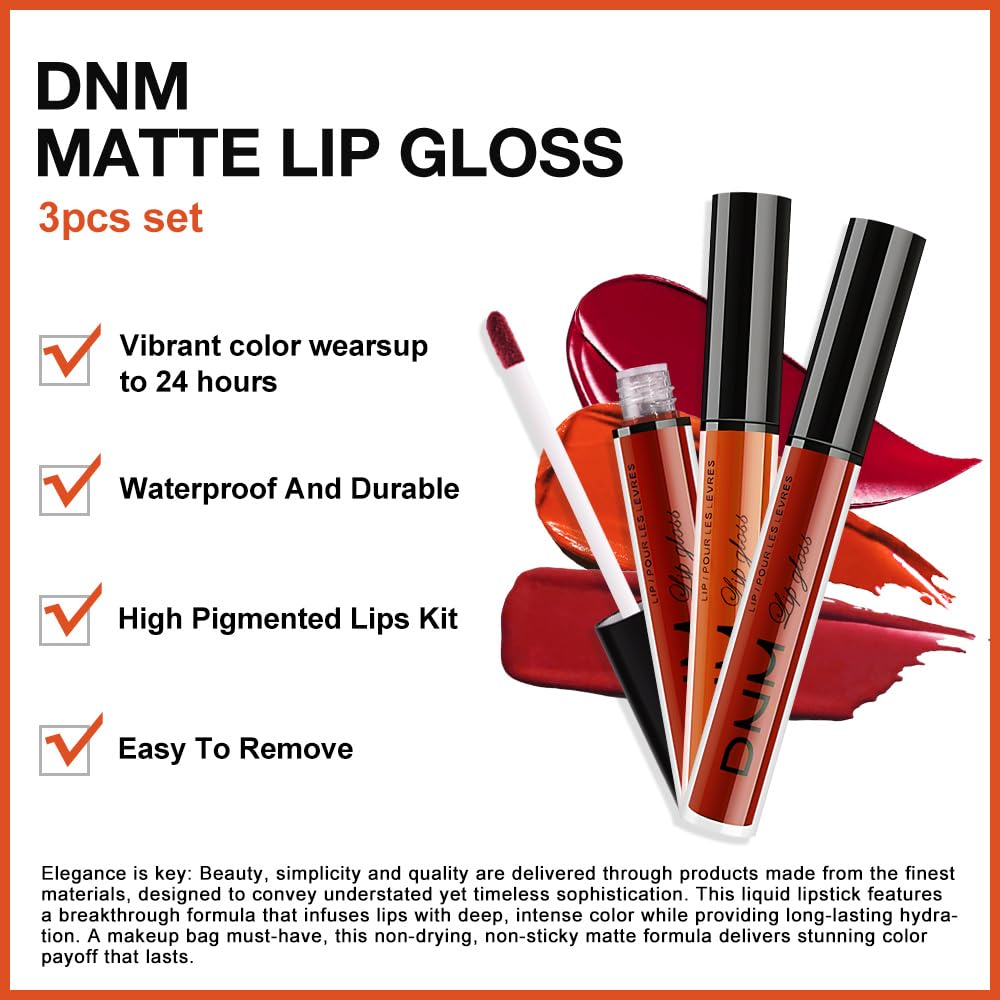 evpct 3Pcs Dark Orange Ruby Red Matte Liquid Lipstick Lip Stain Sets for Women, Matte Lipstick Long