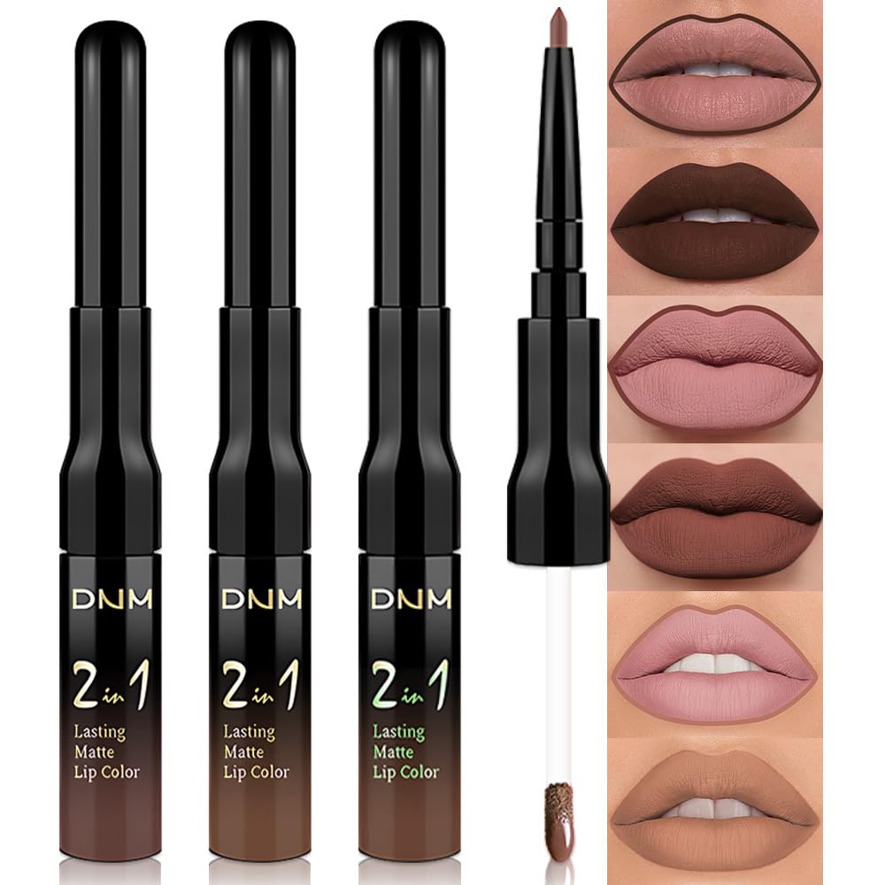 evpct 3Pcs Chocolate Nude Brown True Nude Matte Lip Liner & Liquid Lipstick Stain Makeup Set for