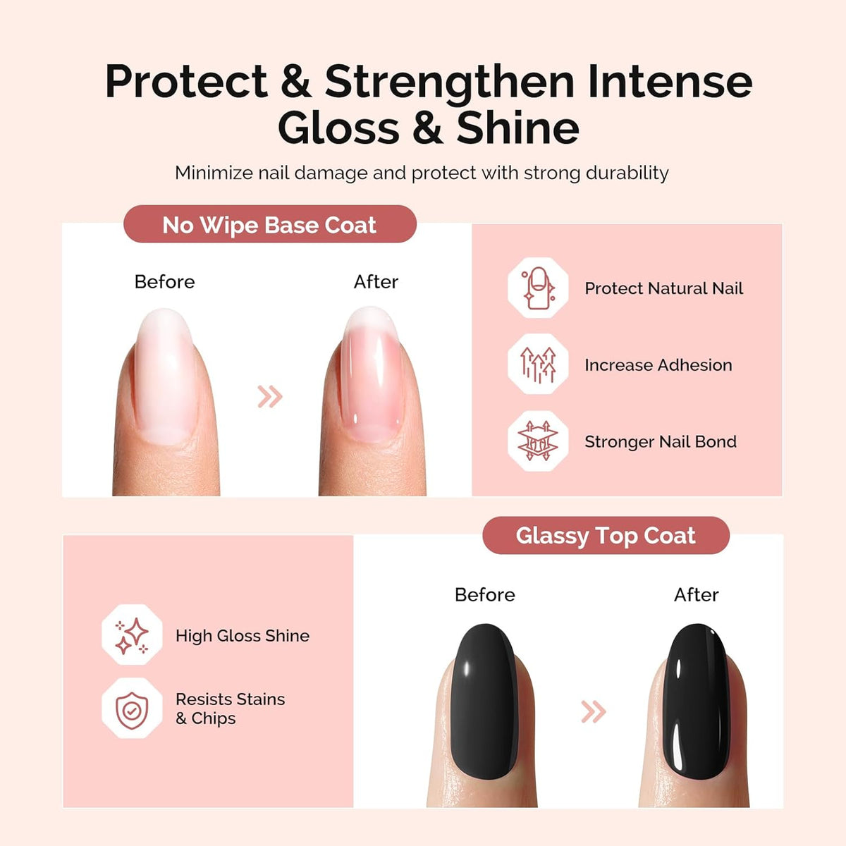 MelodySusie No Wipe Glossy Top Coat Base Coat Cuticle Oil Set Long Lasting Shine Finish Soak Off UV