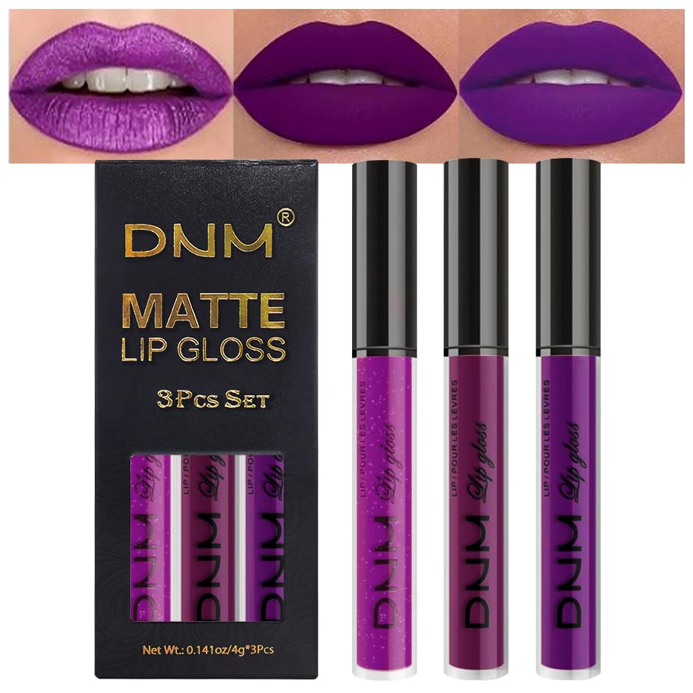 evpct 3Pcs Violet Purple Crystal Metallic Shimmer Glitter Matte Liquid Lipstick Lip Stain Sets for