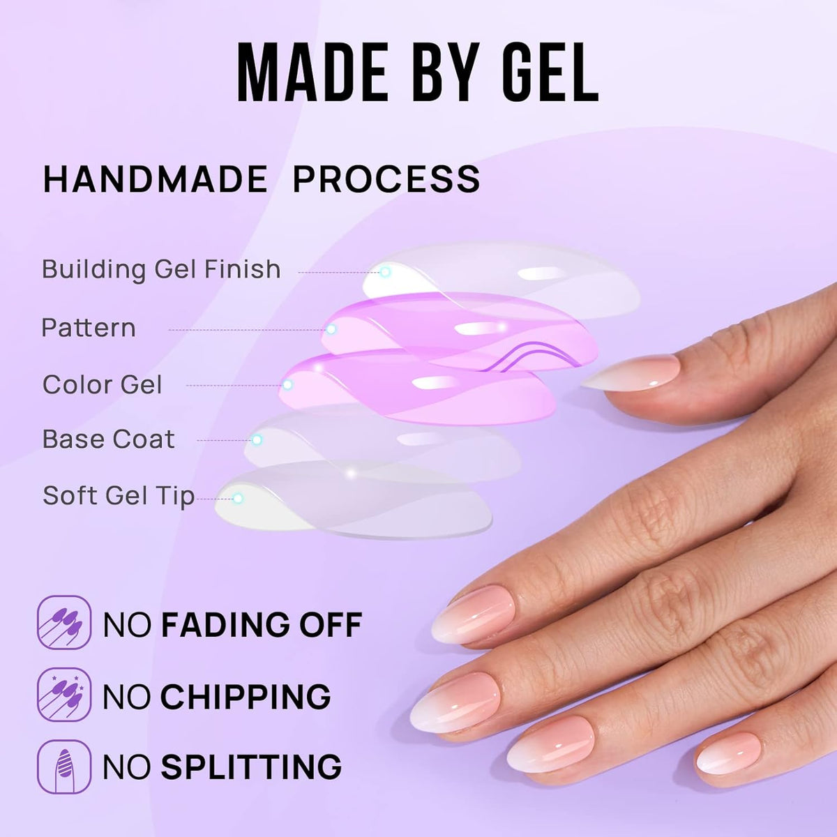 Almond Press On Nails Medium - BTArtbox Soft Gel Ombre Fake Nails with Nail Glue, Semi-Transparent