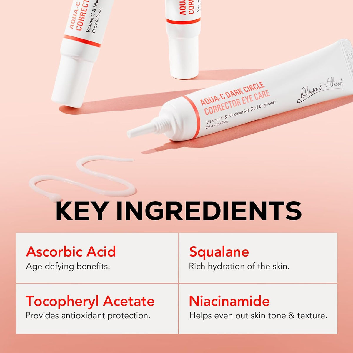 Olivia & Allison Dark Circle Corrector Eye Serum - Vitamin C, Squalane & Niacinamide for