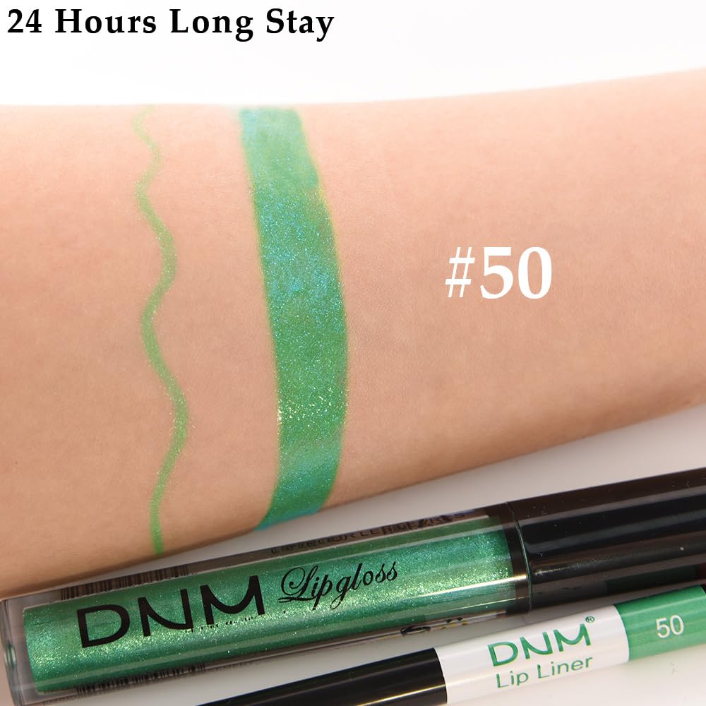 evpct 2Pcs Green Shimmer Glitter Shiny Liquid Lipstick Lip Gloss Stain and Retractable Lip Liner