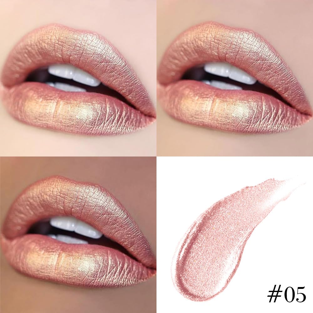 evpct Champagne Gold Metallic Glitter Lip Liner and Lipstick Combo Lip Gloss Stain Set Makeup for